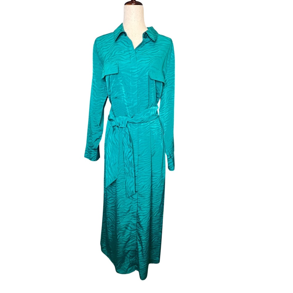 Chicos Maxi Shirt Dress 3.5 18 NEW Emerald Green Jacquard Tiger Print Luxe Belt